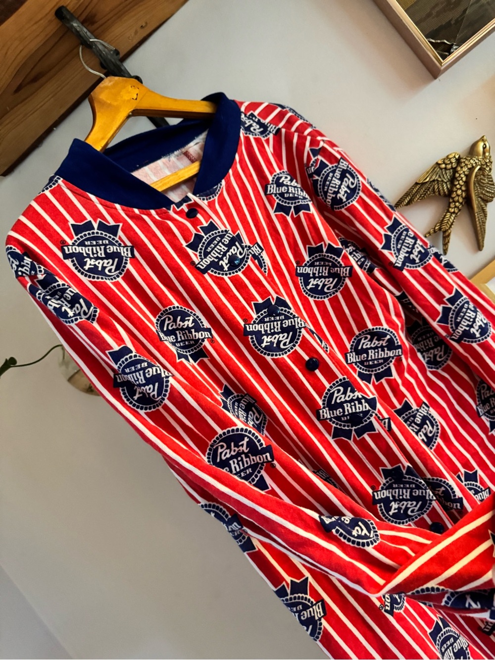 Pabst Blue Ribbon Red Striped Button Onesie